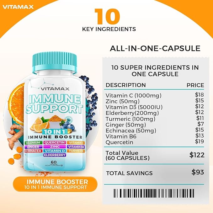 10-in-1 Immune System Support Booster D3, Selenium, B6, Echinacea (60 Count 3))