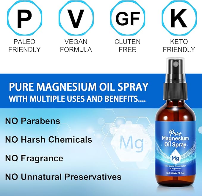 Magnesium Oil for Feet, Magnesium Spray, 100% Pure & Organic Natural Magnesium Oil Spray Glass Bottle, Easy to Absorb & Use, Magnesium Oil Spray for Feet