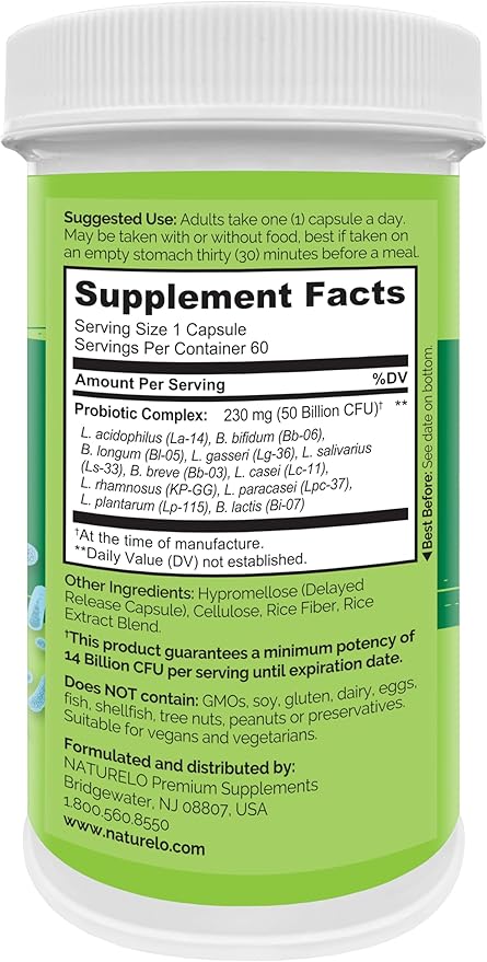 NATURELO Probiotics for Digestive Health 50 Billion 11 Strains 60 Vegetarian