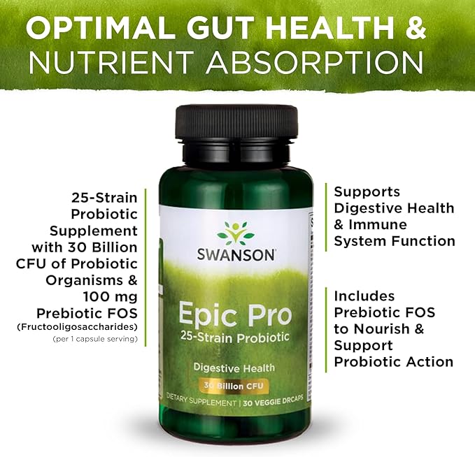 Swanson Epic-Pro 25-Strain Probiotic 30 Billion CFU Digestive Health Immune System Support Prebiotic Nutraflora FOS 30 DRcaps Veggie Capsules (3 Pack)