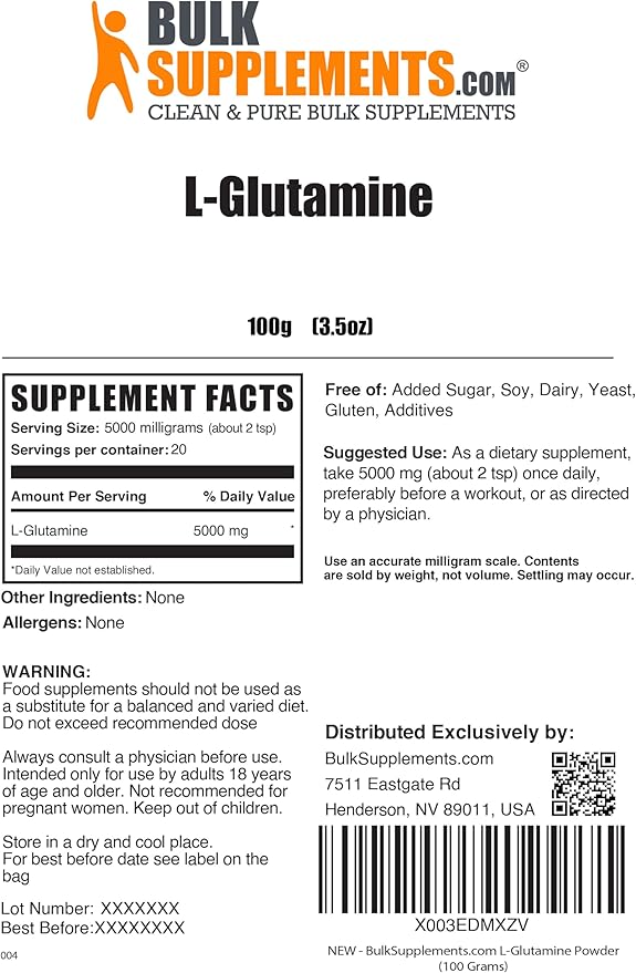 BulkSupplements.com L-Glutamine Powder 5000mg, L 5000mg per 100g (3.5 (3.5 oz) 1)
