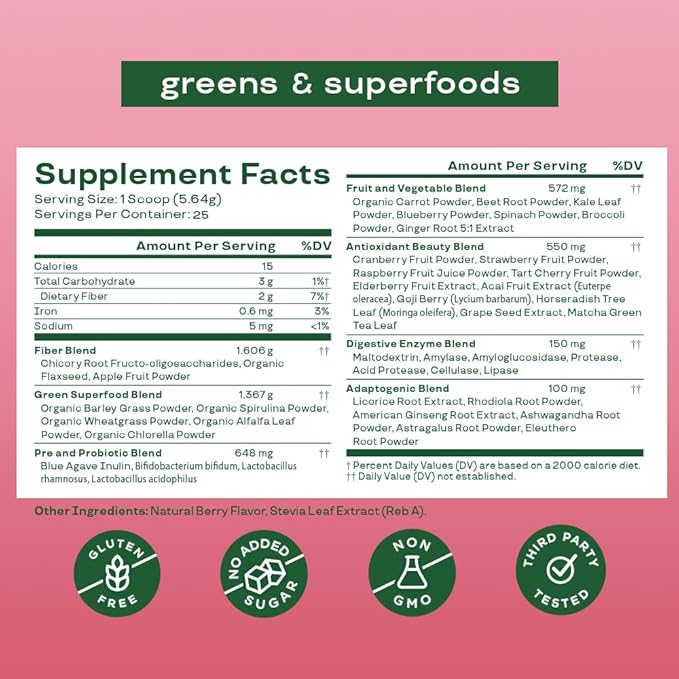 Bloom Nutrition Superfood Greens Powder, Digestive 25 SVG,
