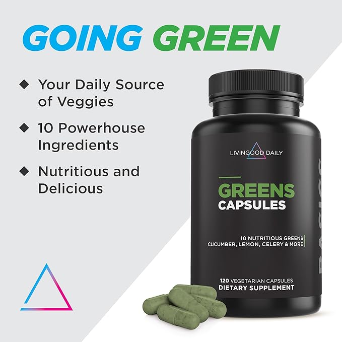 Livingood Daily Greens Capsules (120 Vegetarian Capsules) - Super Greens Supplement with Spirulina, Chlorella, Broccoli, Spinach for Energy, Digestive, & Gut Health - Fruit & Vegetable Supplements