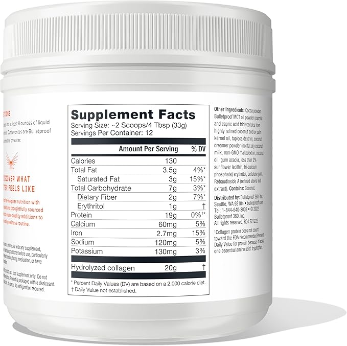 Bulletproof Chocolate Collagen Peptides Powder with MCT Oil, 14.3 Ounces, Grass-Fed Collagen Protein for Skin, Bone and Joint Support, Pasture Raised, No Added Hormones