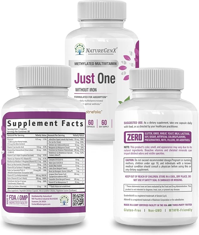 Just One Daily Methylated Multivitamin 60 Caps B12, Methylfolate 2 Months