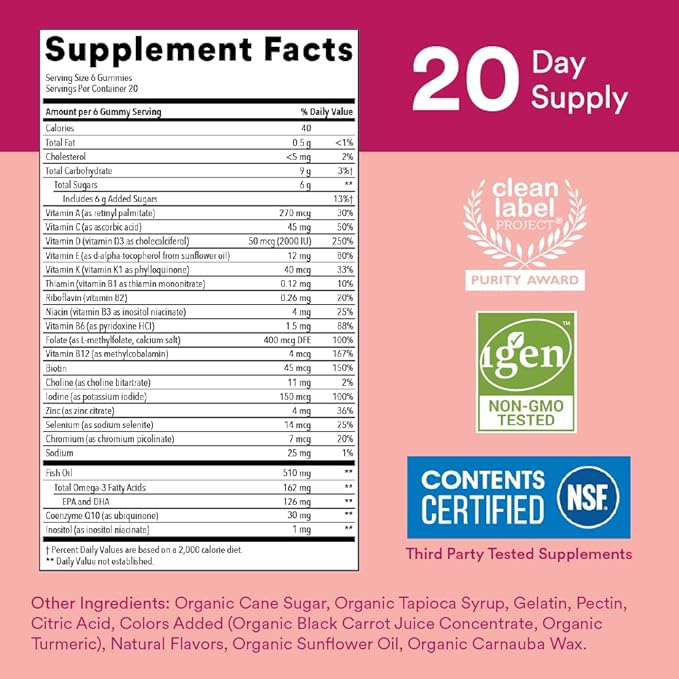 SmartyPants Women's Multivitamin Gummies: Omega 3 CoQ10, Vitamin D3, C, B12, B6, B6, Vitamin 120 Count (20 Day