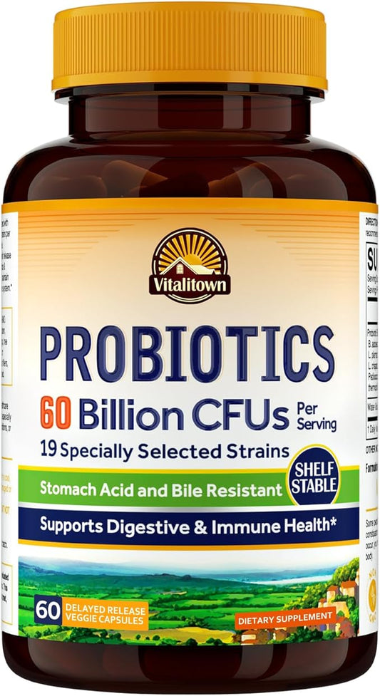 Vitalitown Probiotics + Prebiotics | 60 Billion CFUs 19 Strains | 60 Delayed Release Veg Caps | Shelf Stable, Prebiotics and Probiotics | Digestive Health, Immune Health | Vegan, Non-GMO, No Dairy