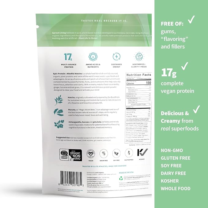 Sprout Living Epic Protein, Plant Based 17 Grams (1 Pound, 12 Servings)