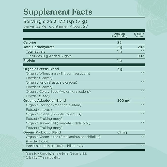 Four Sigmatic Organic Greens Powder | Greens Superfood Powder with Probiotics & Prebiotics | Super Greens with Moringa, Chaga & Turkey Tail | (4.94 oz.)