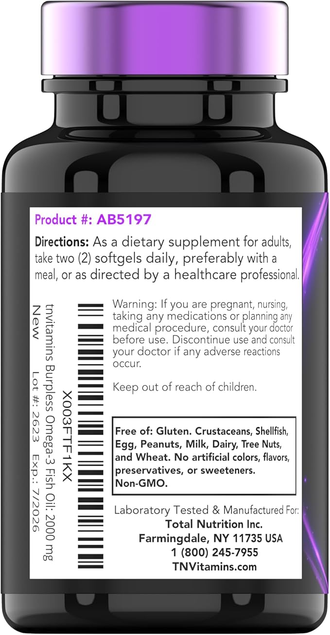 Burpless Omega-3 Fish Oil: 2000mg x 90 Softgels 1400mg Total Omega-3 Fatty (800mg EPA 600mg DHA)