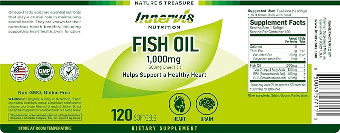 Fish Oil 1000mg Supplement – 120 Softgels Omega-3 Support Heart Brain Eye Health EPA and DHA Non-GMO Gluten Free