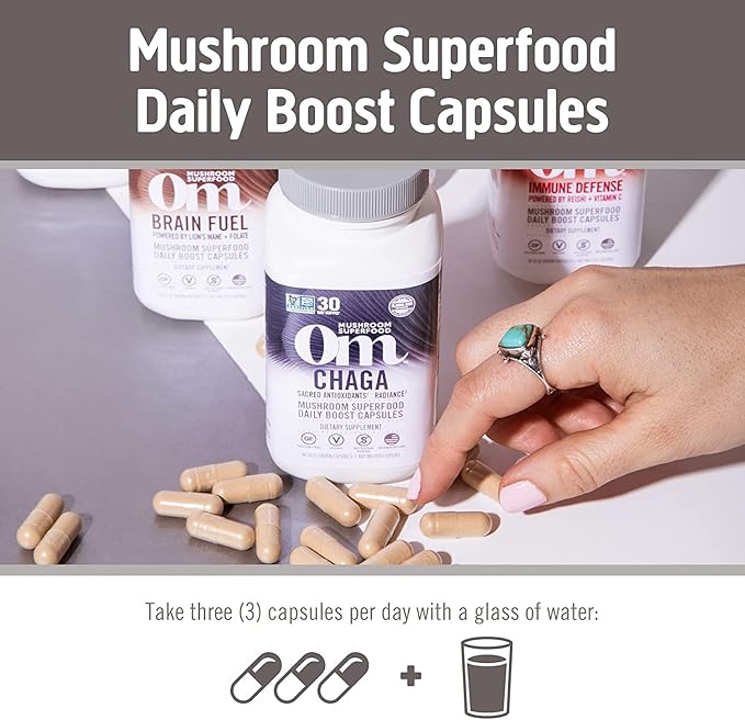 Om Mushroom Superfood Chaga Mushroom Capsules Superfood Supplement, 90 Count, 30 Days, US Grown, Sacred Antioxidants & Immune Support, Superfood Mushroom Supplement