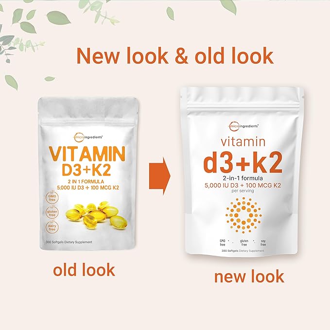 2 Pack Vitamin D3 5000IU Plus K2, 2 2 in 1 Formula, D3 Liquid K2, 300 300 Soft-Gels,