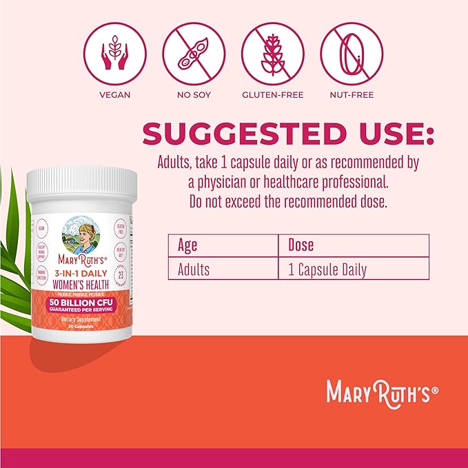 MaryRuth Organics 3-in-1 Daily Health Probiotics for Women | Clinically Tested | Hormone Support & Gut Health Supplement | 50 Billion CFU | Allergen Free | 30 ct