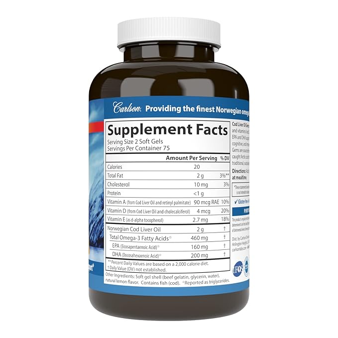 Carlson - Cod Liver Oil Gems, 460 mg Omega-3s, plus D3, Wild 150 Softgels