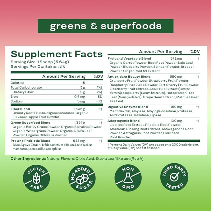 Bloom Nutrition Superfood Greens Powder, Digestive 25 SVG,