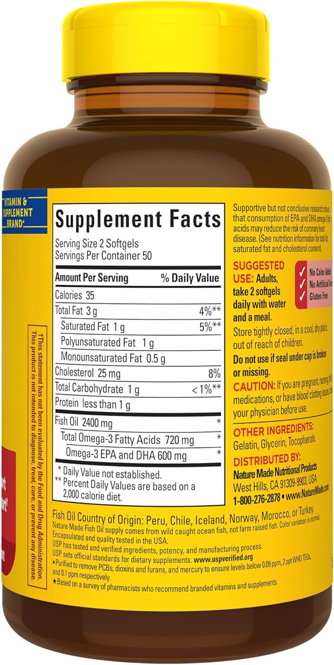 Nature Made Fish Oil 1200 mg 3 Fish 3 Supplement 100 Softgels, 50 Day