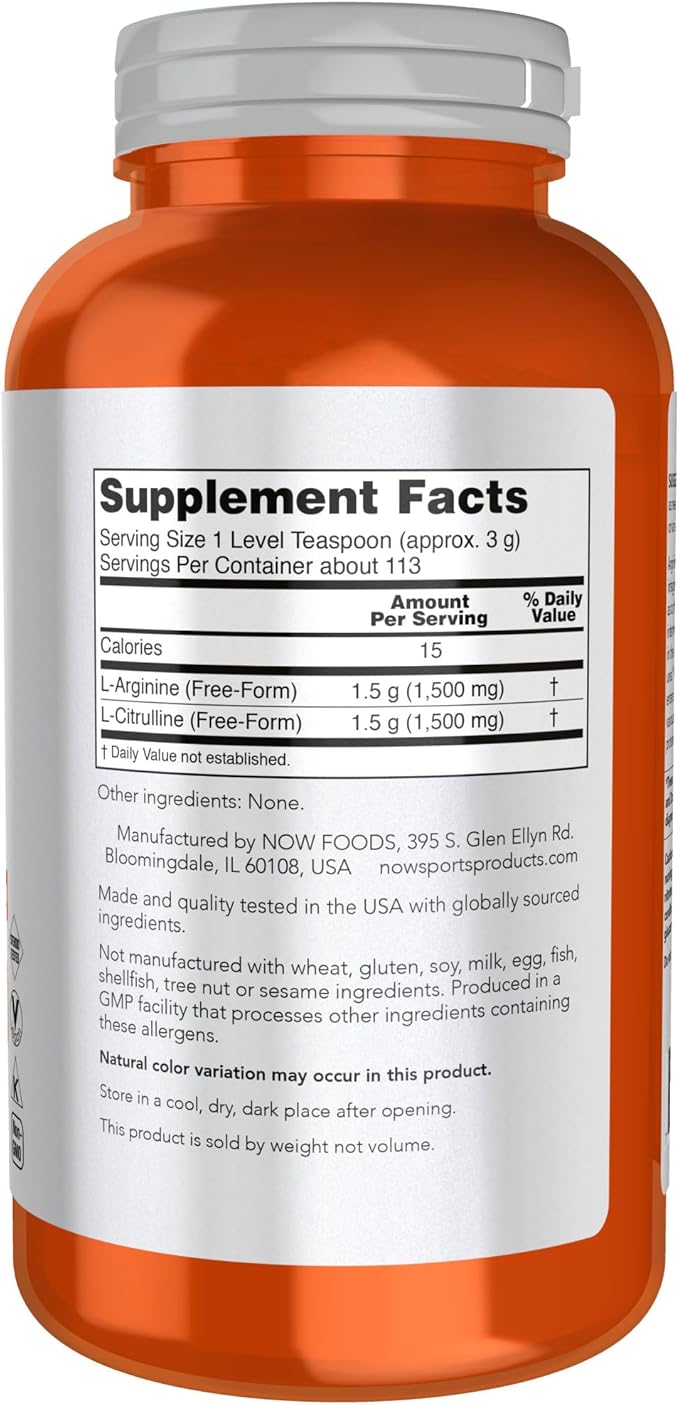 NOW Foods Sports Nutrition, Arginine & Citrulline Powder, 1:1 Ratio, Amino Acid, 12-Ounce