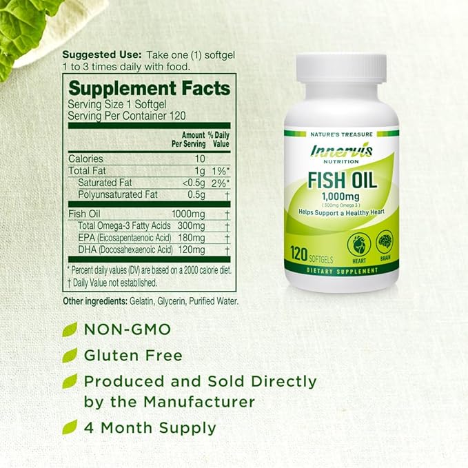 Fish Oil 1000mg Supplement – 120 Softgels Omega-3 Support Heart Brain Eye Health EPA and DHA Non-GMO Gluten Free