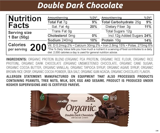 Nugo Organic Double Dark Chocolate, 10g Vegan Protein, Gluten Free, 24 count