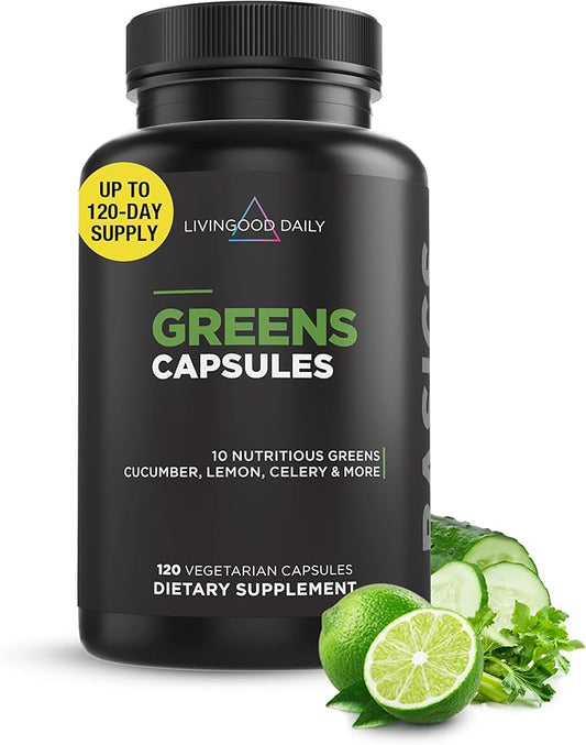 Livingood Daily Greens Capsules (120 Vegetarian Capsules) - Super Greens Supplement with Spirulina, Chlorella, Broccoli, Spinach for Energy, Digestive, & Gut Health - Fruit & Vegetable Supplements