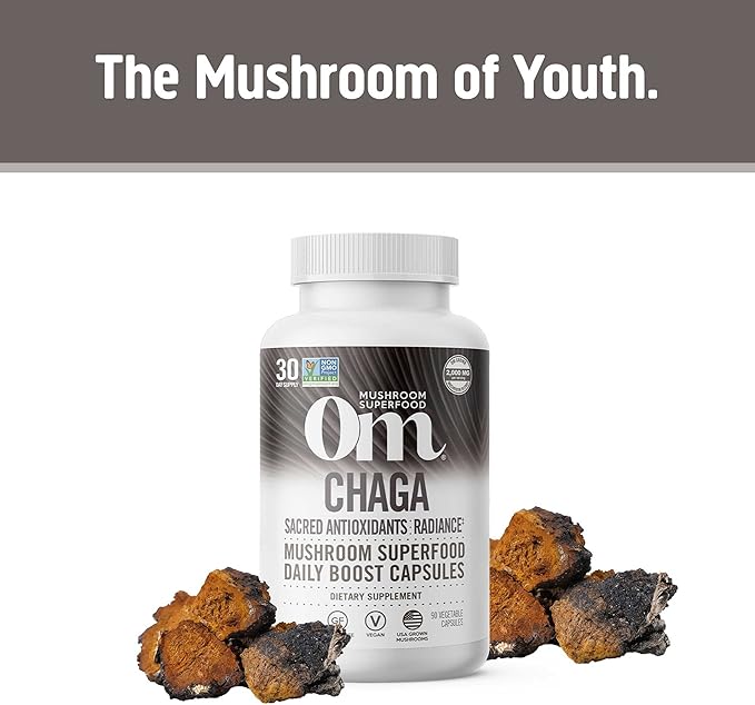 Om Mushroom Superfood Chaga Mushroom Capsules Superfood Supplement, 90 Count, 30 Days, US Grown, Sacred Antioxidants & Immune Support, Superfood Mushroom Supplement
