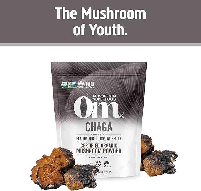 OM MUSHROOM SUPERFOOD Chaga Organic Mushroom Powder, 7.05 Ounce Pouch, 100 Servings, US Grown, Sacred Antioxidants & Immune Support, Superfood Mushroom Supplement