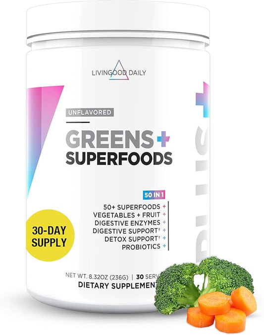 Livingood Daily Greens Superfood Powder (Unflavored) - Super Greens Powder for Gut Health - Green Juice Powder Supplement with Spirulina, Chlorella, Enzymes, & Probiotics for Liver & Digestive Support