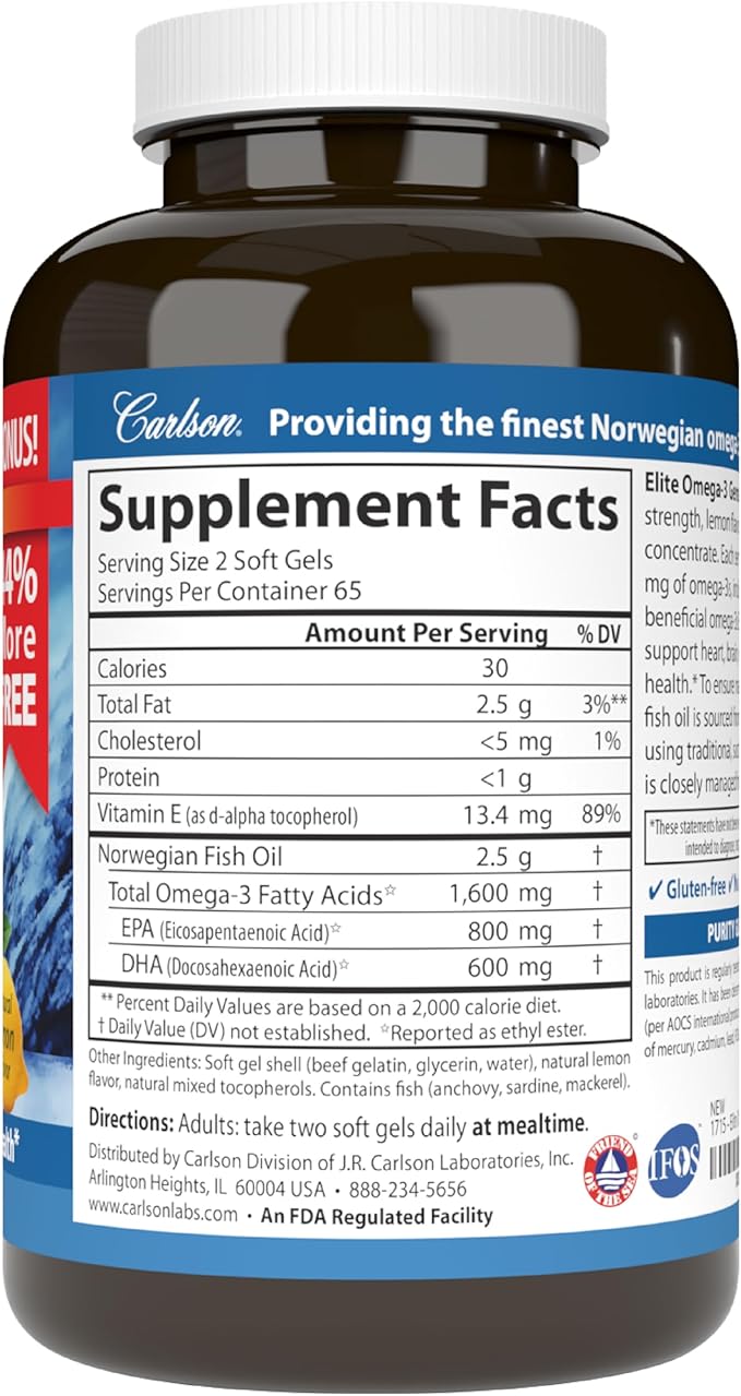 Carlson - Elite Omega-3 Gems, 1600 Omega-3 Fatty 3 Fish 130 Softgels
