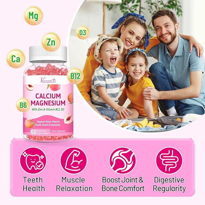 2 Pack Calcium Magnesium Zinc Gummies D3 & B12, Sugar