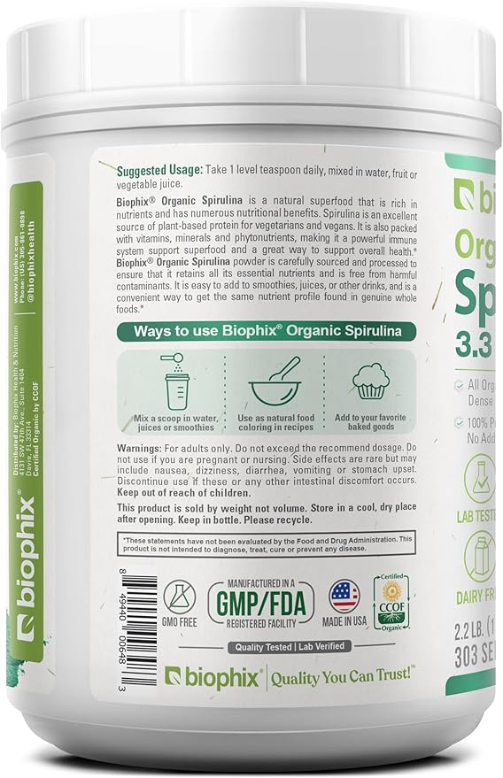 biophix Organic Spirulina Powder, 2.2 Lbs 100% Pure Spirulina Blue Green Algae Powder, Vegan, Non GMO, Non-Irradiated, USDA Certified, Best Protein Superfood