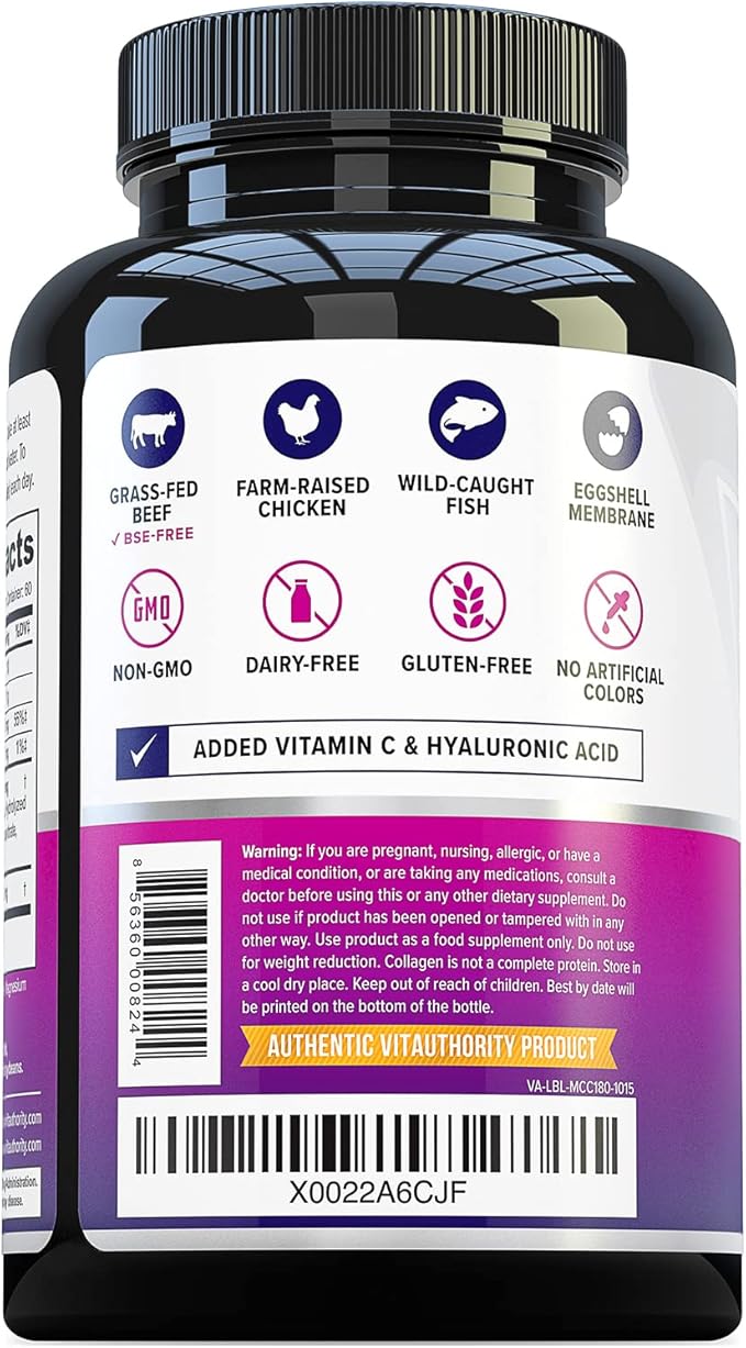 Vitauthority Multi Collagen Pills for Women and Men High Absorption Hydrolyzed Peptides Capsules for Hair Skin and Nails with Types I II III V X Hyaluronic Acid and Vitamin C - 60 Servings