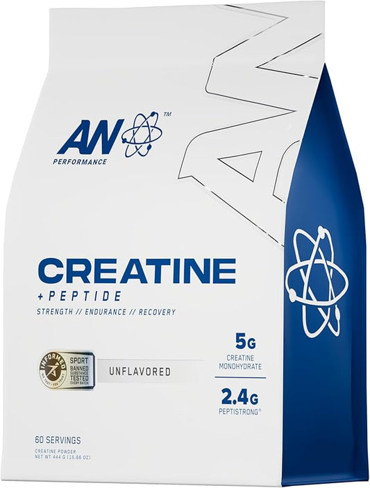 AN Performance Creatine + Peptide | Unflavored | 5g Creatine Monohydrate, 2.4g PeptiStrong | Gluten-Free, Low Carb, Low Fat | Keto Friendly | 60 Servings