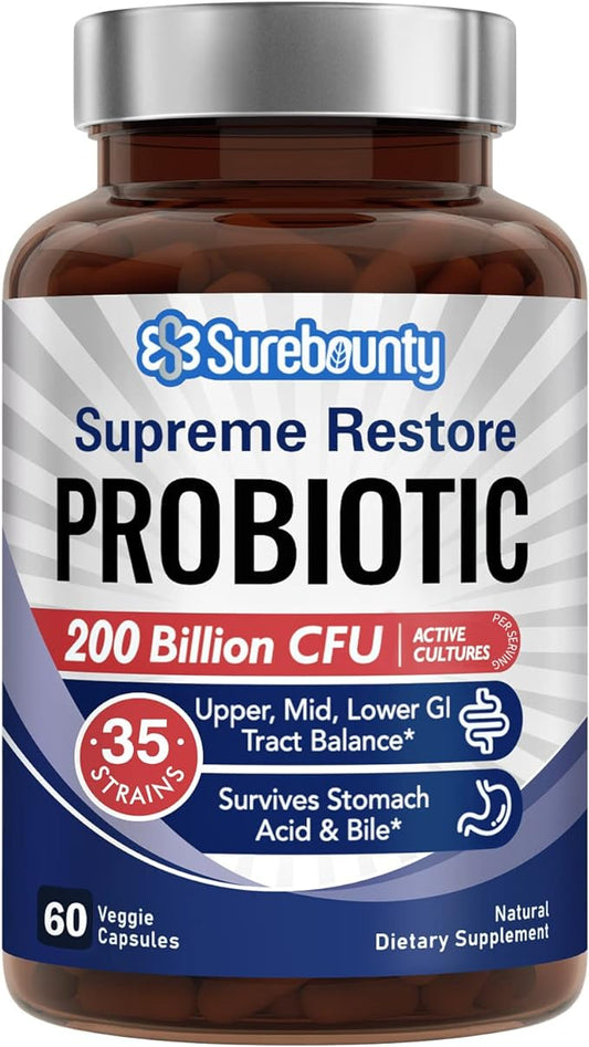 Probiotic for Men & Women, 200 Billion CFU 35 Strains, Prebiotics + Digestive Enzymes, Supreme Restore Probiotic Supplement, Upper, Mid, Lower GI Tract Balance, 60 Veggie Capsules, 1 Month