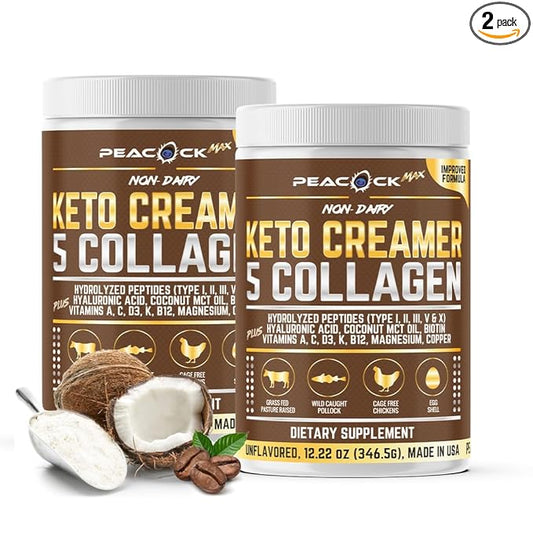 Peacock Max Collagen Keto Creamer Powder, Coconut MCT, Peptides, Unflavored, Hydrolyzed, B12, Magnesium (24.44 Ounces (Pack of 2))