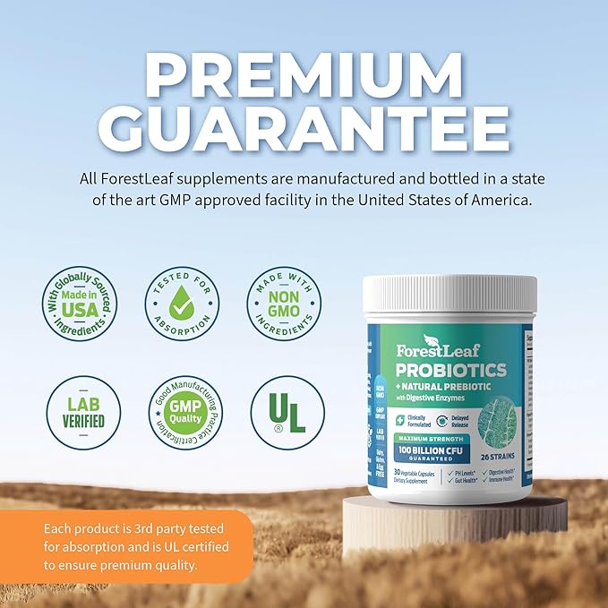 ForestLeaf Clinically Studied Probiotics 100 Billion CFU, 26 Strains with Organic Prebiotic Blend & Digestive Enzymes - Probiotic Prebiotic for Men & Women - Probiotics Digestive Health (30 Capsules)