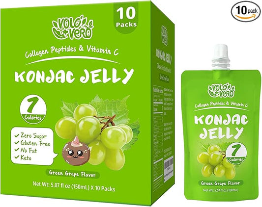 Konjac Jelly Pouch with Collagen Peptides, Low Calories (7 Kcal), Green Grape Flavor, 10 Packs, Gluten Free, Zero Sugar, Keto, Drinkable Vitamin C Sweet Healthy Fruit Snacks Gifts