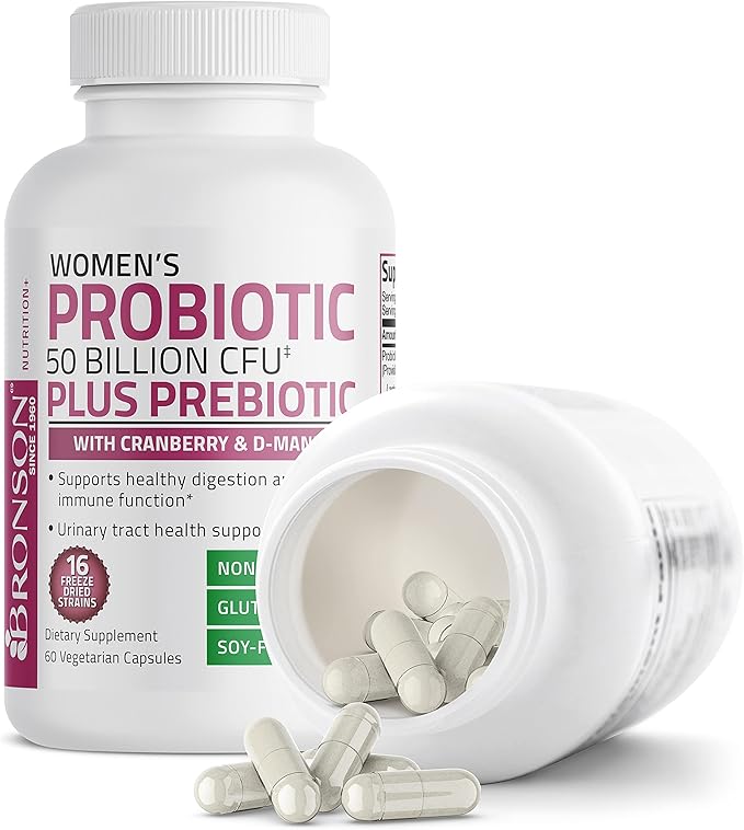 Bronson Women's Probiotic 50 Billion CFU + Prebiotic with Cranberry & D-Mannose – Vaginal Health, Healthy Digestion, Immune Function and Urinary Tract Support, Non-GMO, 60 Vegetarian Capsules