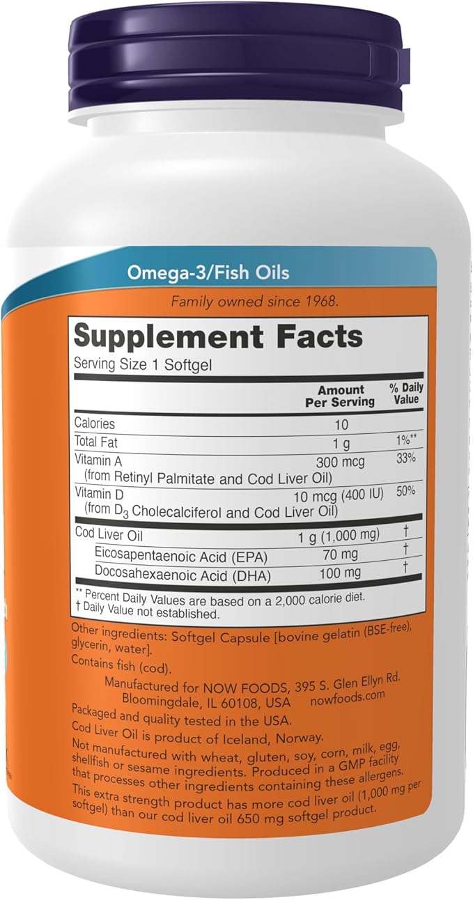 NOW Supplements, Cod Liver Oil, Extra 1,000 mg D-3, EPA, 180 Softgels