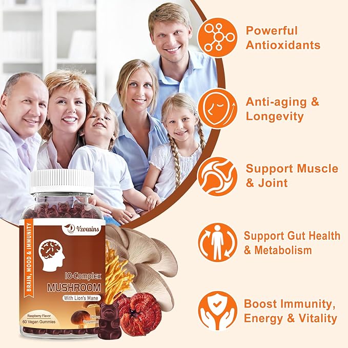 2 Pack Mushroom Gummies Supplement, 10 60ct