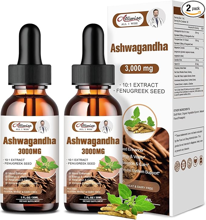 2 Pack Ashwagandha Supplement Liquid Drops 3000mg with VitaminD3,Fenugreek Seeds，Magnesium