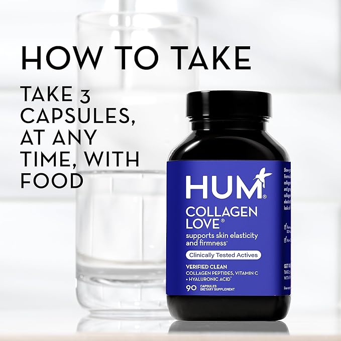 HUM Collagen Love Skin Supplement - Collagen Peptides w/Hyaluronic Acid & Vitamin C, Supports Firm Skin & Helps Minimize Signs of Aging - Skin Supplements for Women and Men (90-Count)