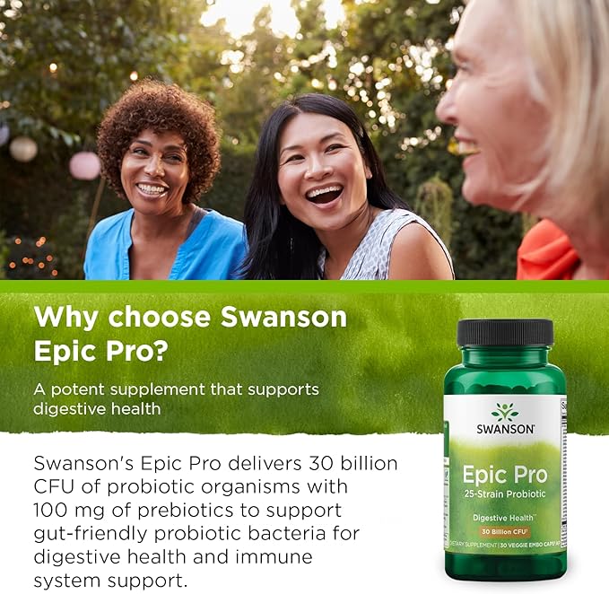 Swanson Epic-Pro 25-Strain Probiotic 30 Billion CFU Digestive Health Immune System Support Prebiotic Nutraflora FOS 30 DRcaps Veggie Capsules (2 Pack)