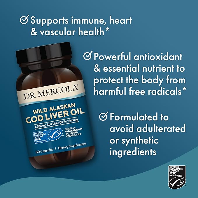 Dr. Mercola Cod Liver Oil, 1,300 30 Servings (60 Capsules),