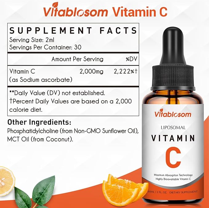 Liposomal Vitamin C 2000mg Liquid for Adults, High Absorption VIT C, Maximize Vitamin C, Good for Immune System & Antioxidant, 60ML (8 Bottle)