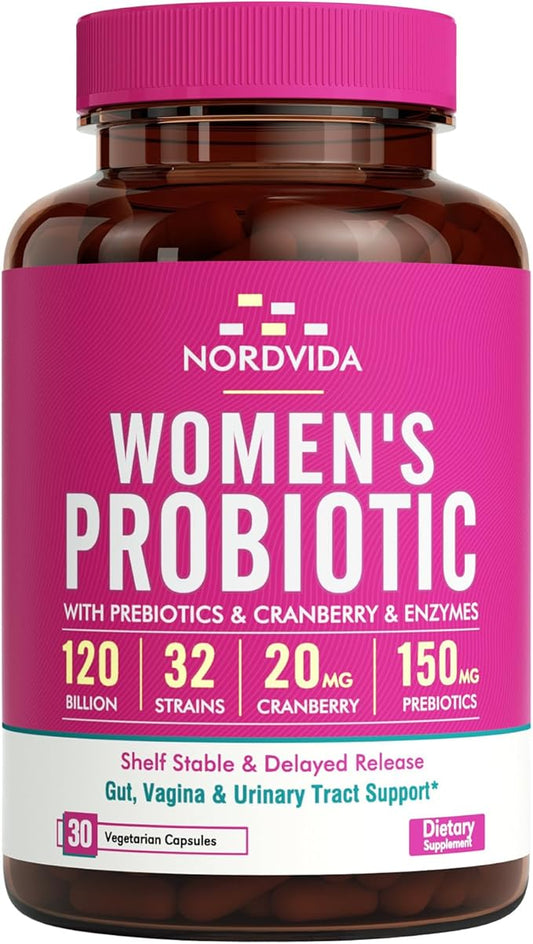 Women's Probiotic, 120 Billion & 32 Strains with Cranberry, Prebiotics & Digestive Enzymes, Gut, Vaginal & Urinary Tract Support, 30 Delayed Release Capsules