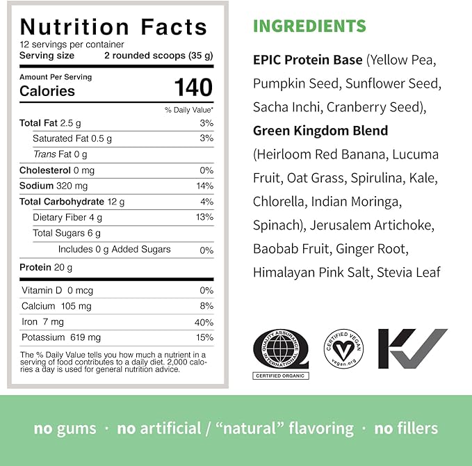 Sprout Living Epic Protein, Plant Based 20 Grams (1 Pound, 12 Servings)