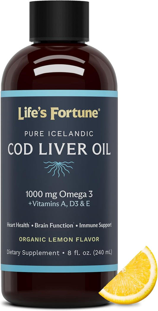 Life's Fortune Cod Liver Oil Liquid (8 Oz) 1,000 mg D3 - 100% Fish
