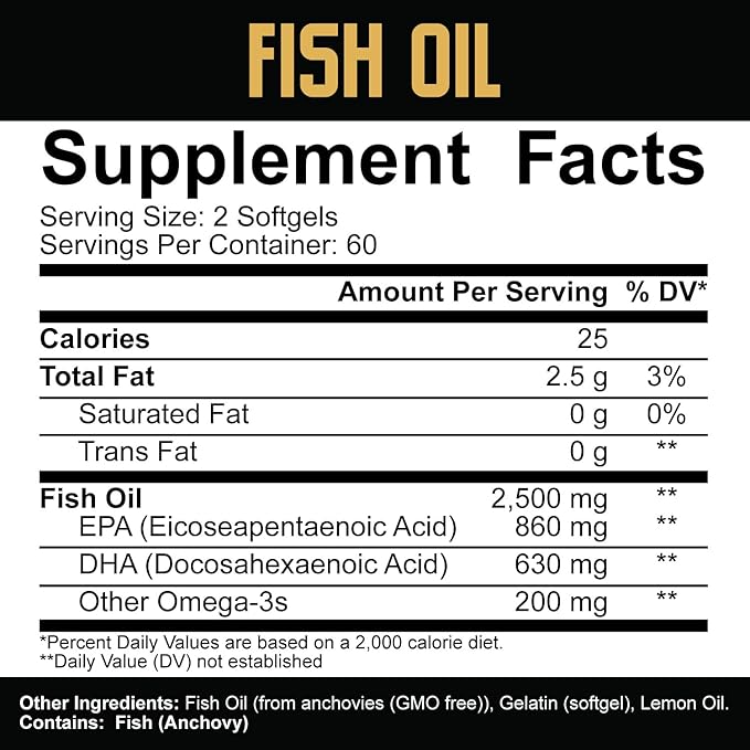 5% Nutrition Core Fish Oil Supplement 2,500 mg 3 Fatty (60 Servings 120 Softgels)