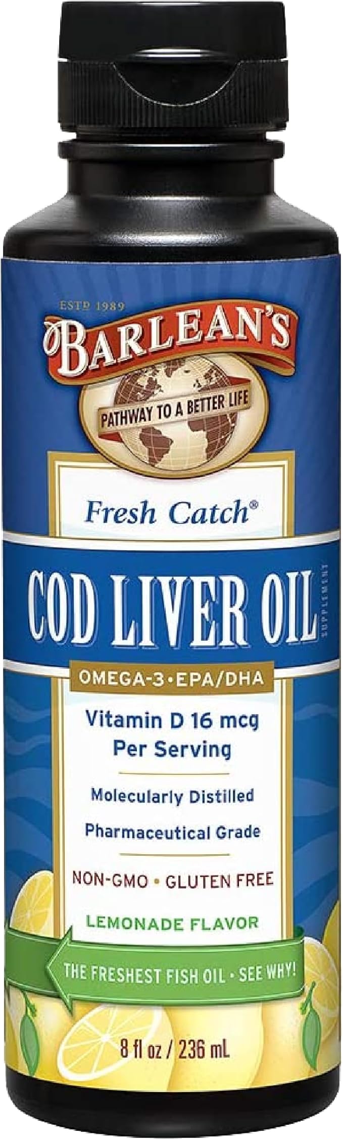 Barlean's Cod Liver Oil Liquid Supplement, 3 Fish 900mg EPA 8 oz